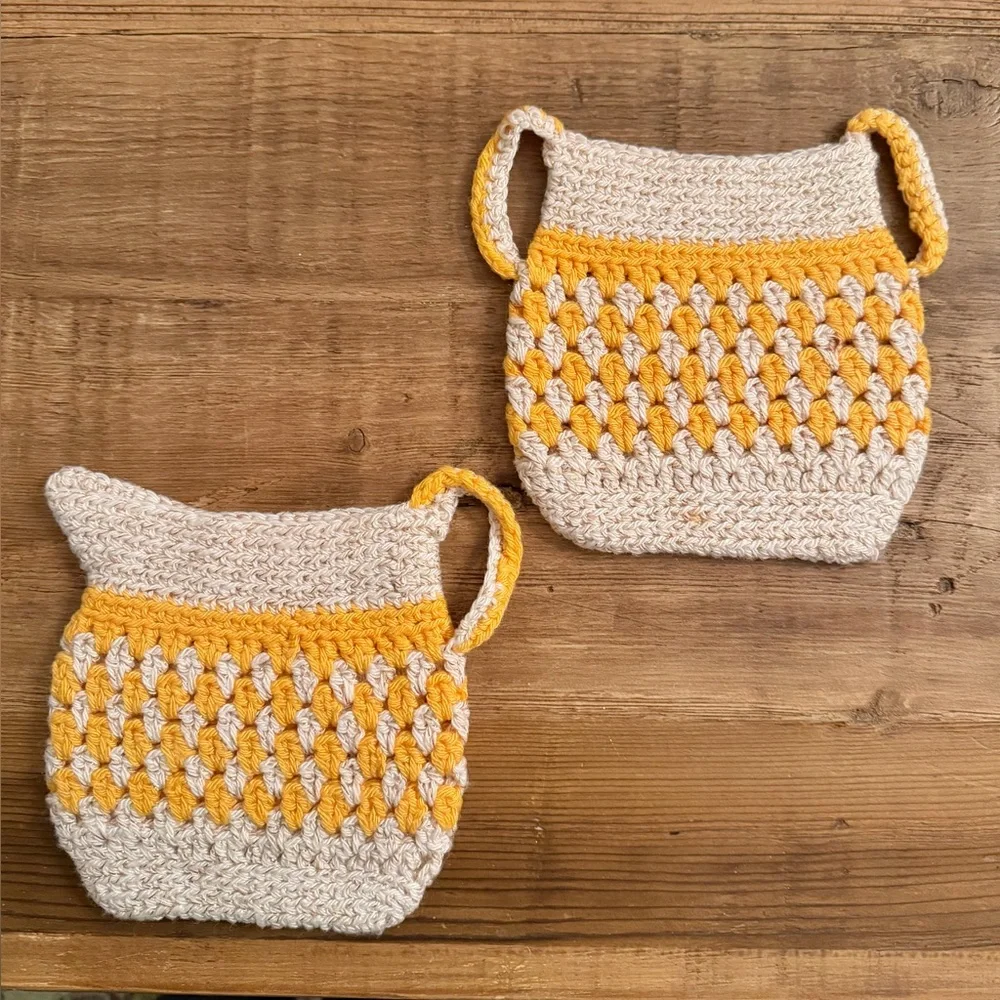 Vintage Crochet Pot Holders. Yellow Cream Metallic Gold. Kitchen MCM 1970s